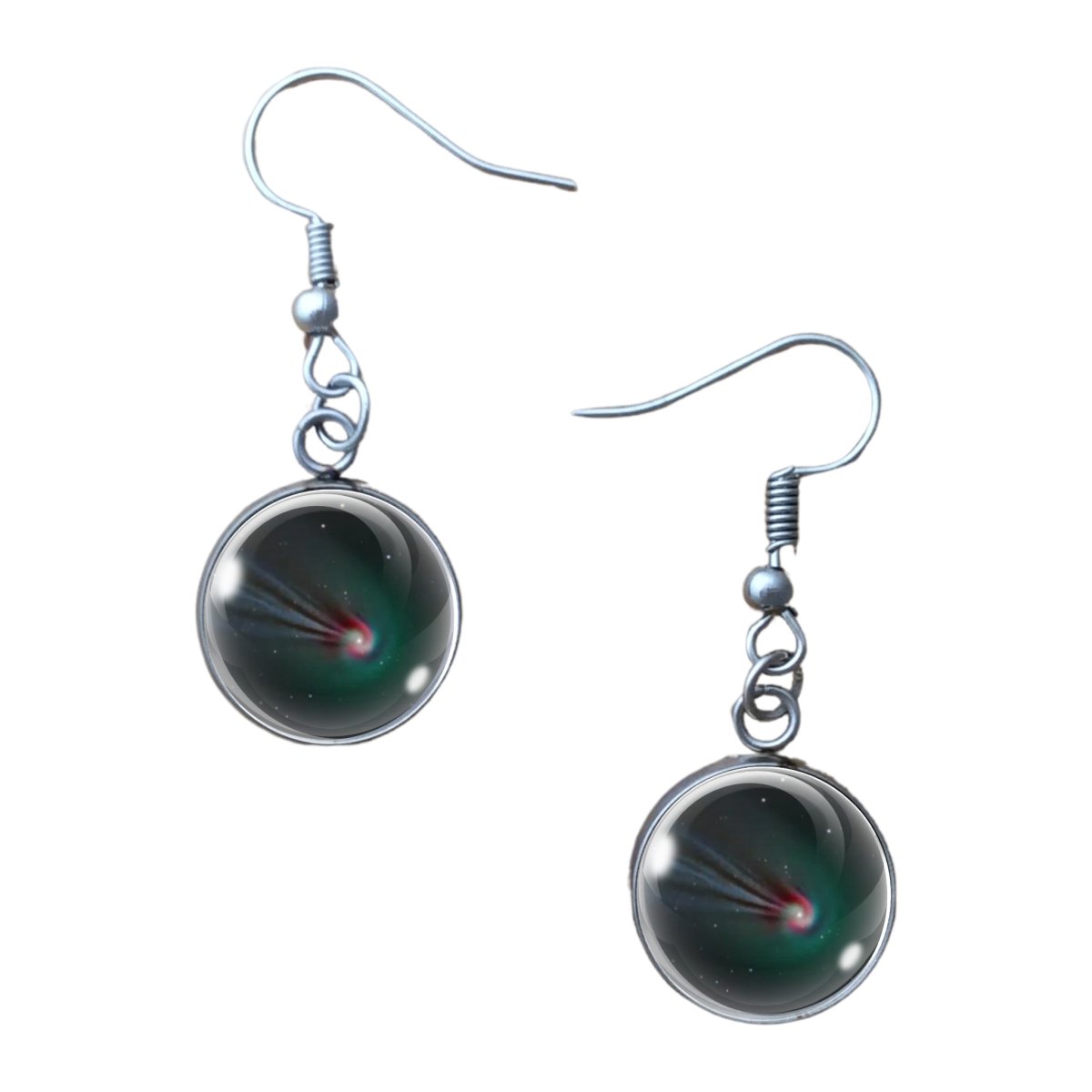 pair of 14MM glass cabochon charm earrings with charm of the green and red spiral of the Devils Comet