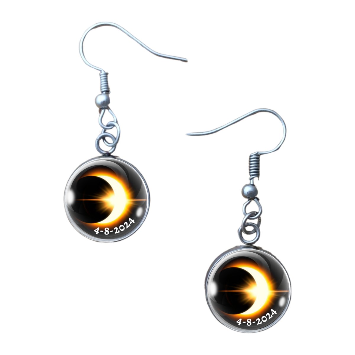 pair of 14MM glass cabochon charm earrings with charm of a Solar Eclipse with the date 4-8-2024