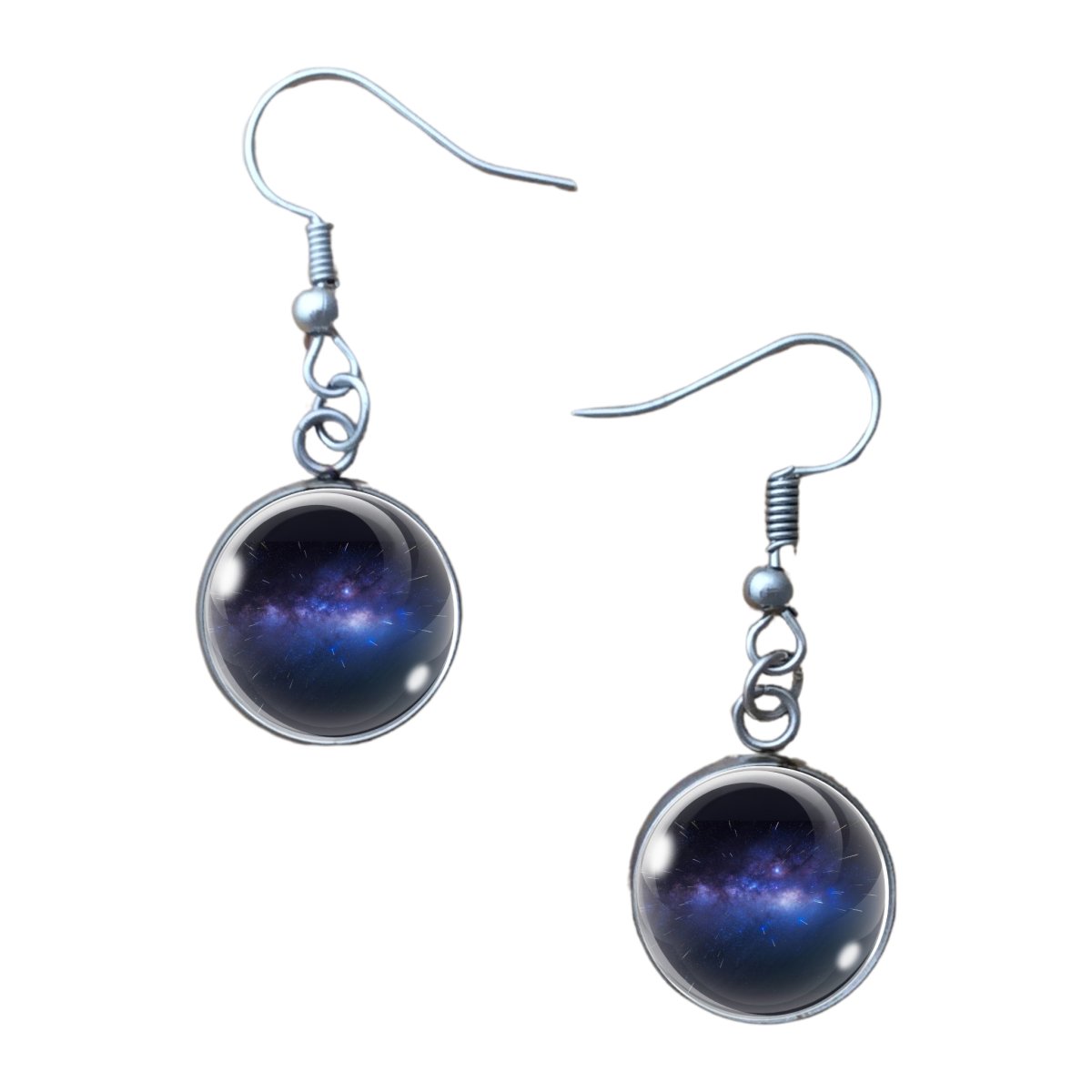 pair of 14MM glass cabochon charm earrings with charm of a meteor shower in space