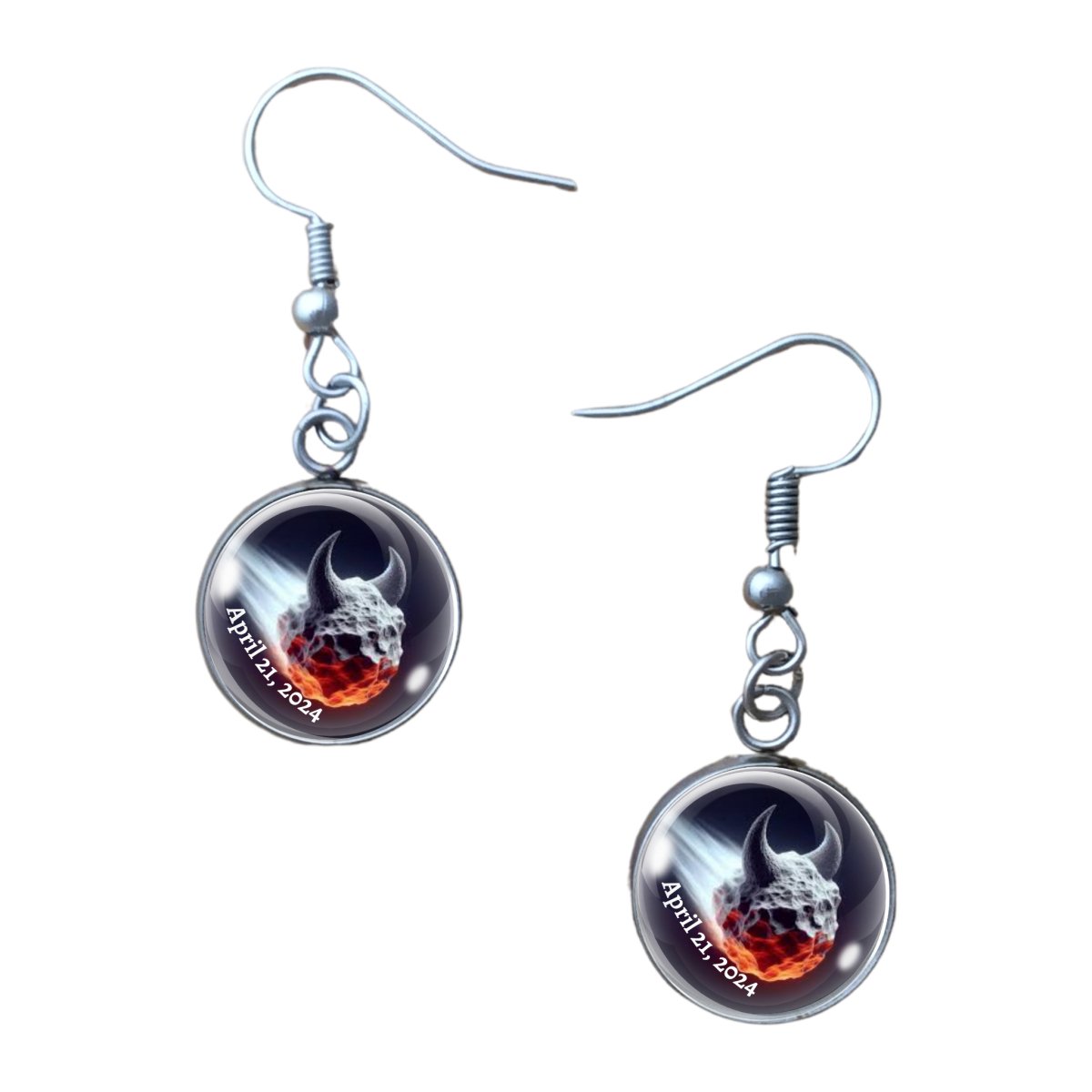 pair of 14MM glass cabochon charm earrings with charm of a comet with horns. and the date of April 21, 2024