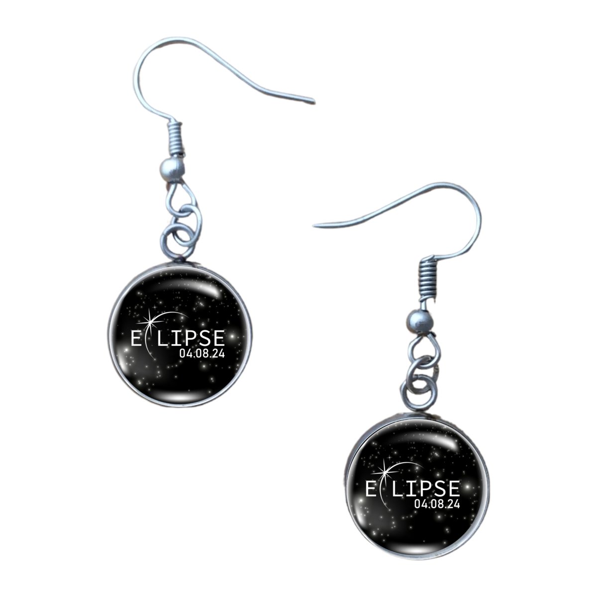 14mm charm earrings depicting stars and the solar Eclipse - wording of Eclipse 4-8-24