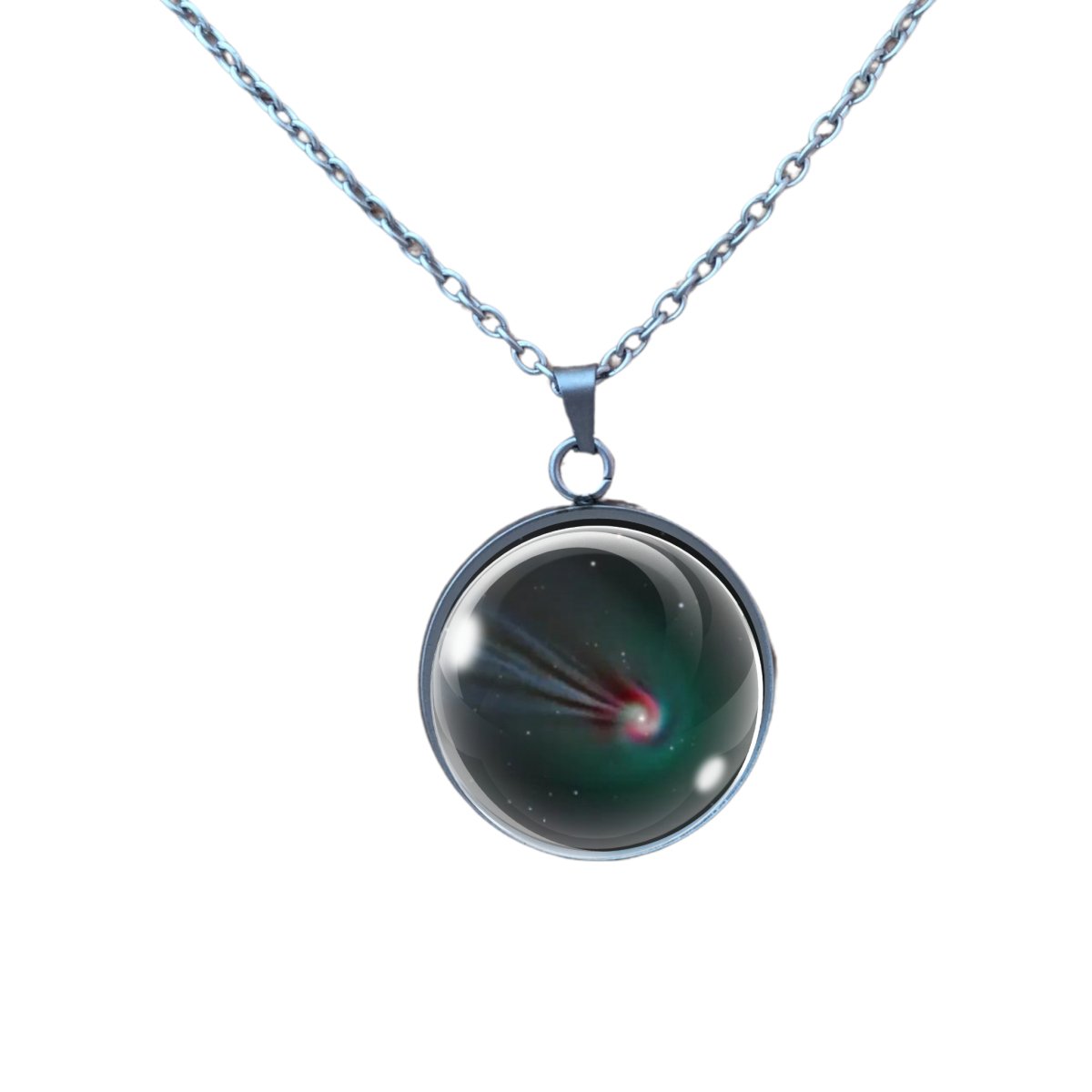 necklace depicting the red and green spiraling Devils Comet