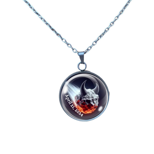 Necklace depicting the Devil's Comet with the date 4-21-2024