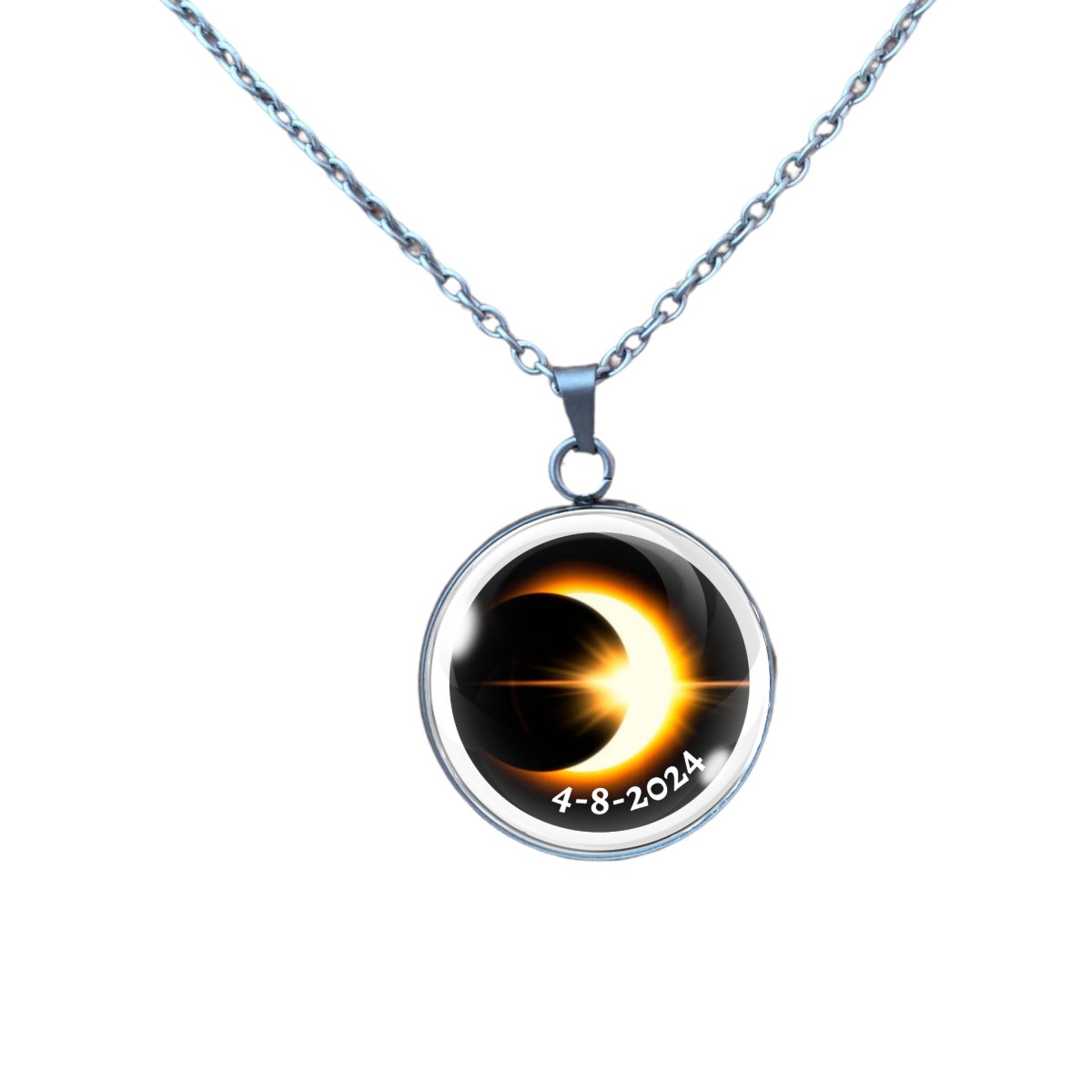 Necklace depicting a solar eclipse with the date 4-8-2024