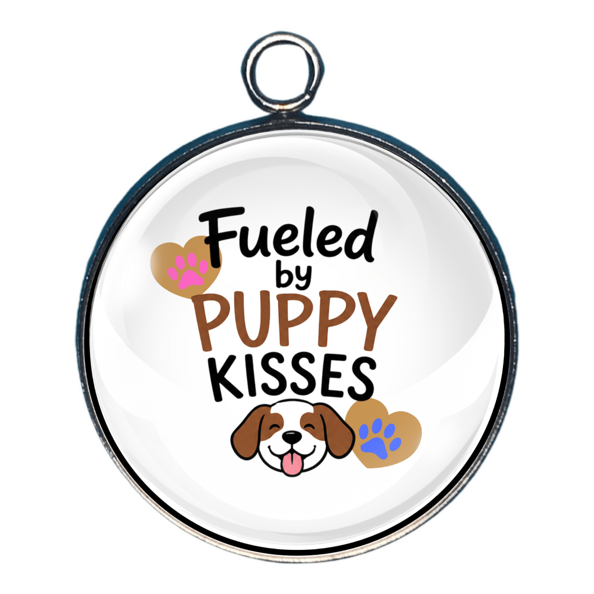 Round Charm with 'Fueled by Puppy Kisses' text and dog graphics on a white background