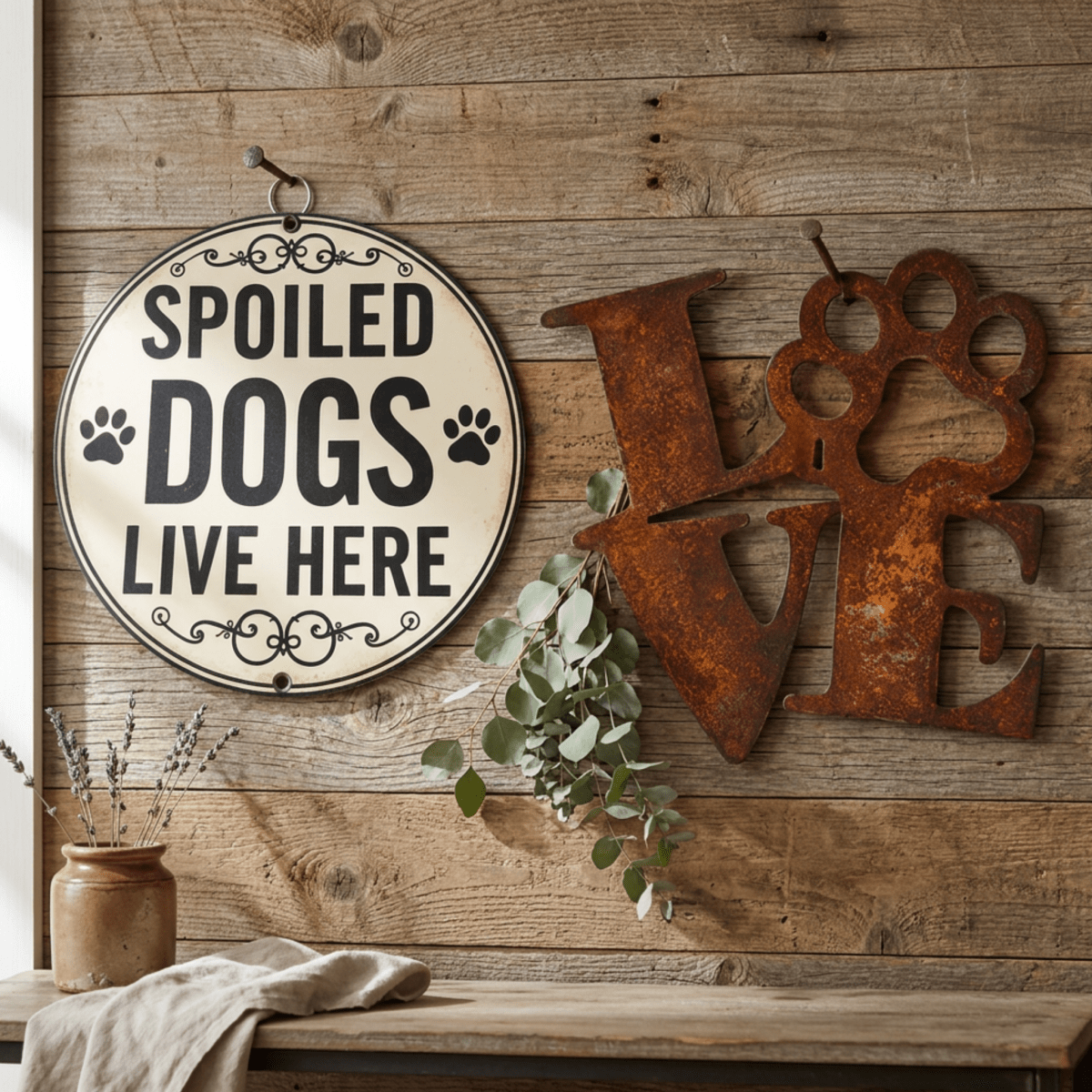 Rustic wall decor set featuring a round cream sign that reads 'SPOILED DOGS LIVE HERE' with black paw prints, and a large rusty brown metal 'LOVE' sign with a dog-shaped heart over the O. The decor is displayed on a weathered wood plank wall above a rustic wooden bench with a linen cloth and a small vase of dried lavender.