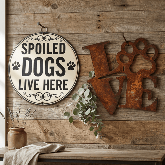 Rustic wall decor set featuring a round cream sign that reads 'SPOILED DOGS LIVE HERE' with black paw prints, and a large rusty brown metal 'LOVE' sign with a dog-shaped heart over the O. The decor is displayed on a weathered wood plank wall above a rustic wooden bench with a linen cloth and a small vase of dried lavender.