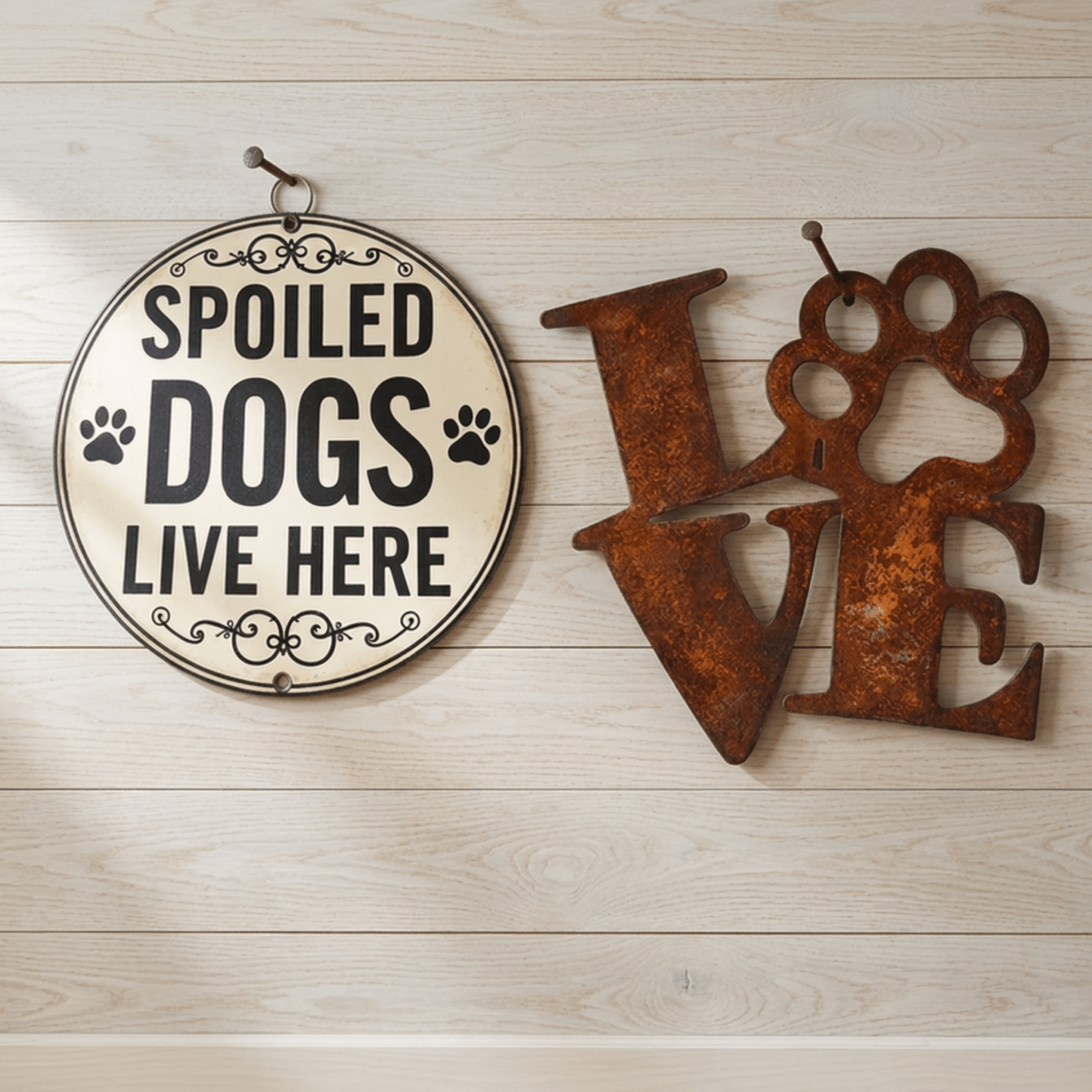 Two rustic metal wall decorations on a light wood plank background: a round cream sign reading 'SPOILED DOGS LIVE HERE' with black text and paw prints, and a rusted brown cutout letter 'LOVE' with the 'O' shaped like a paw print.