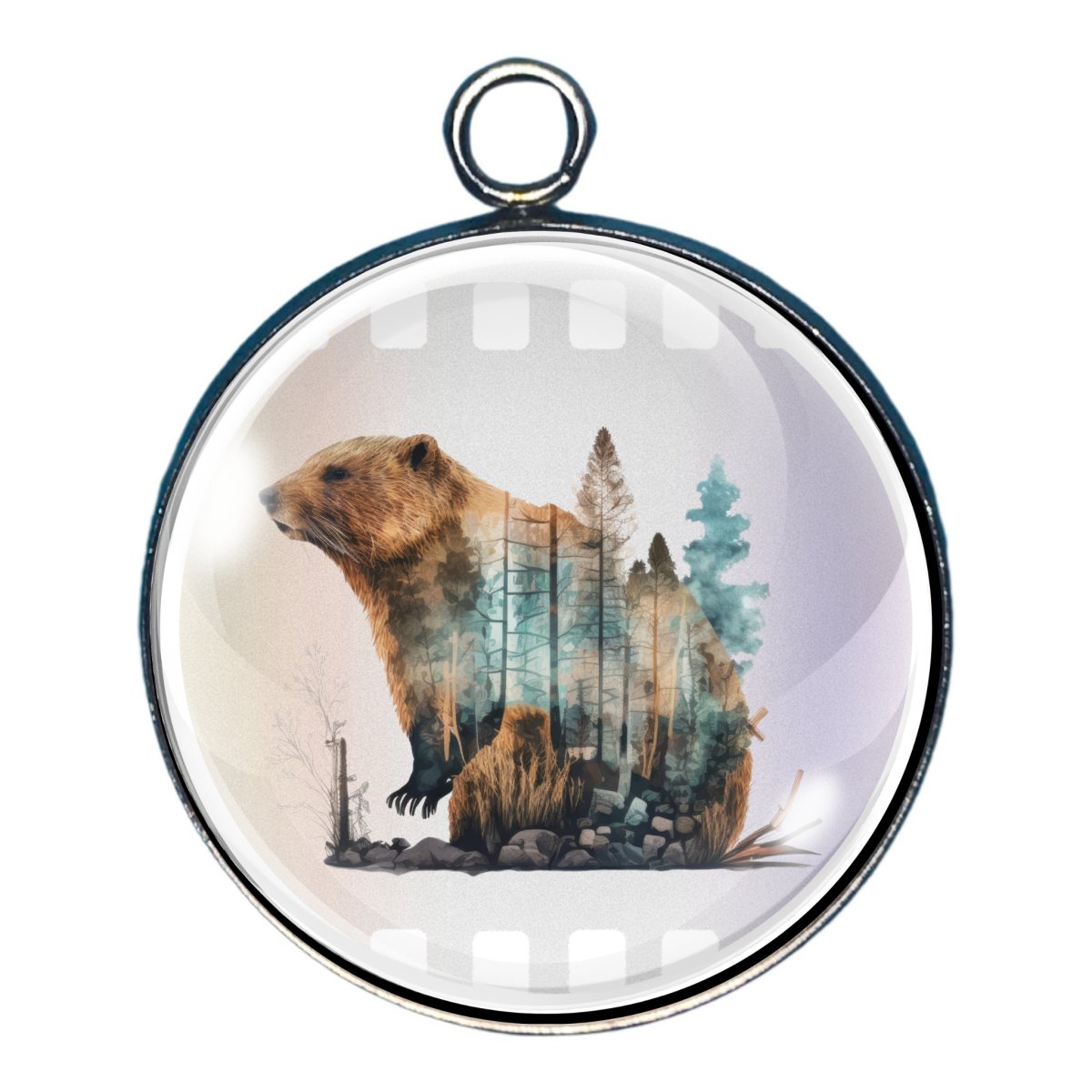 Charm of a beaver outline filled in with a wooded scene