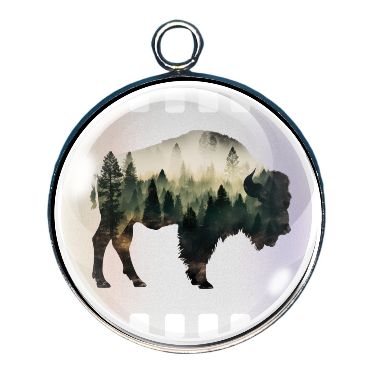 Charm of a bison outline filled in with a wooded scene