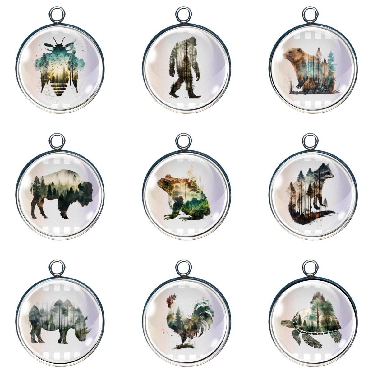 Group of 9 charms with the shape of animals filled in with a landscape scene