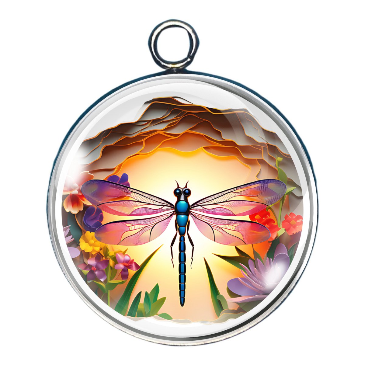 charm of a dragonfly - with a sunset background with flowers