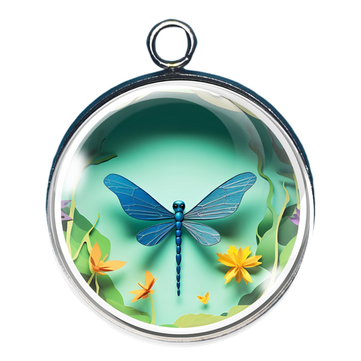 charm of a dragonfly  blue background with flowers