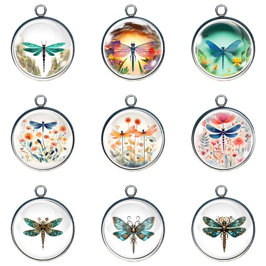 Group of 9 charms depicting dragonflies