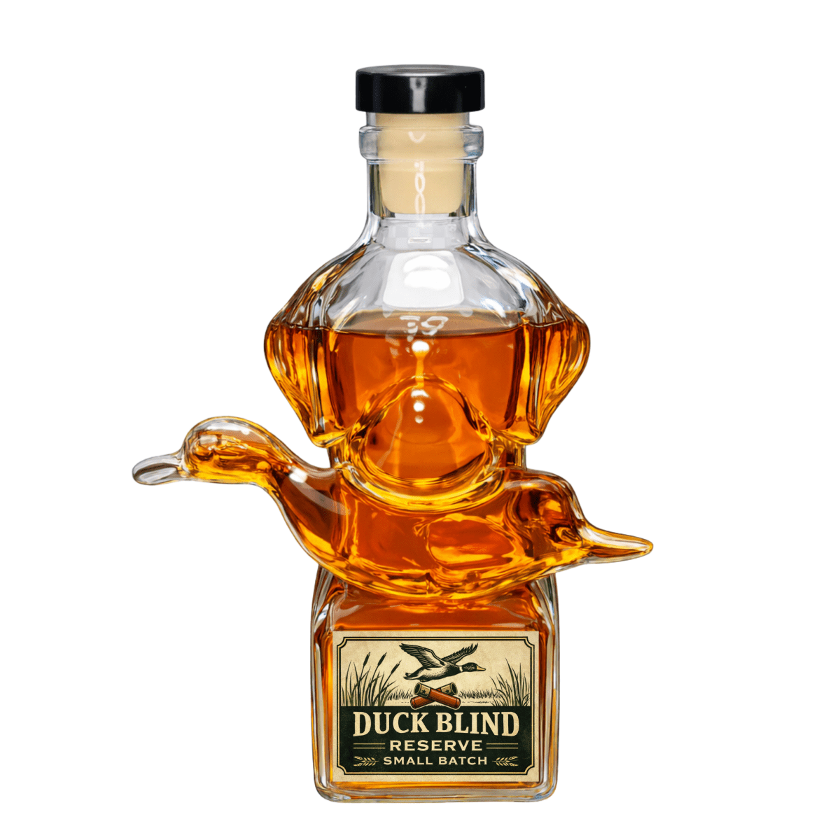Dog & Duck-shaped bottle of Duck Blind Reserve whiskey on a white background