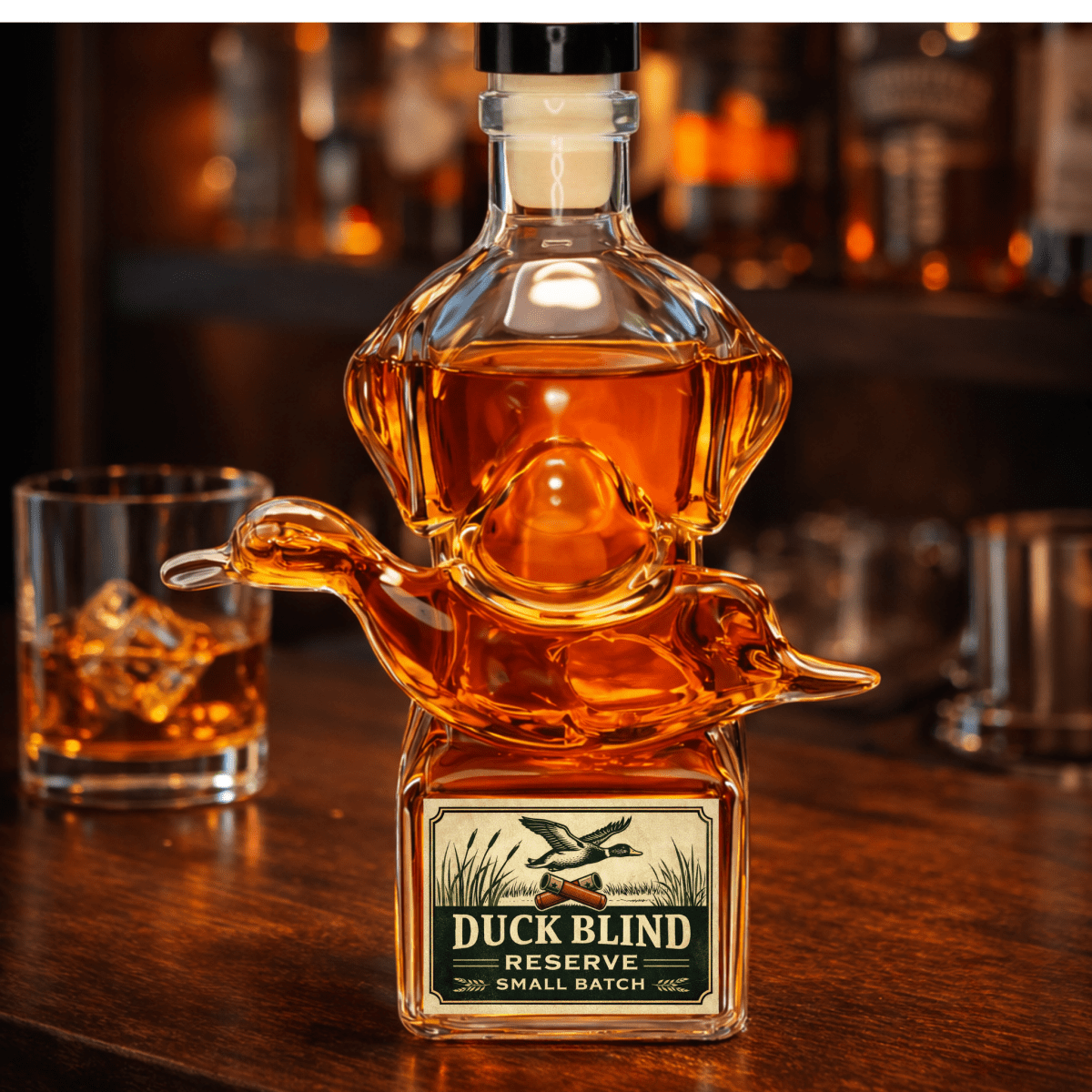 Duck Blind Reserve whiskey bottle on a bar with a glass of whiskey.