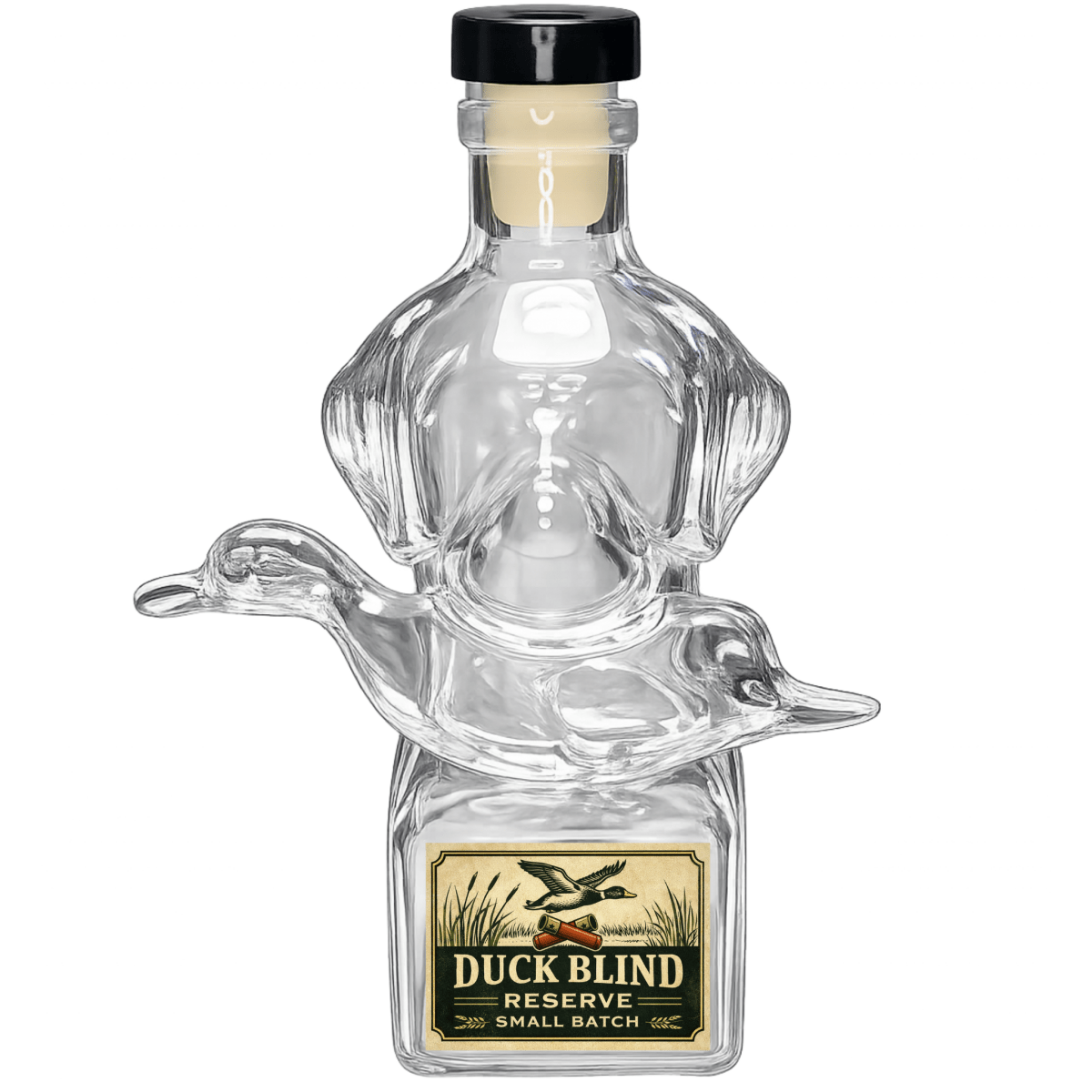 Clear glass bottle shaped like a dog & duck with a label on a white background