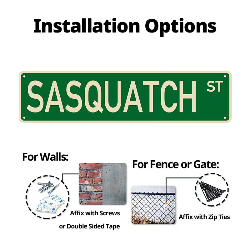 Installation options diagram showing a green street sign reading 'SASQUATCH ST' with text and small inset photos for mounting on walls or fence/gate.