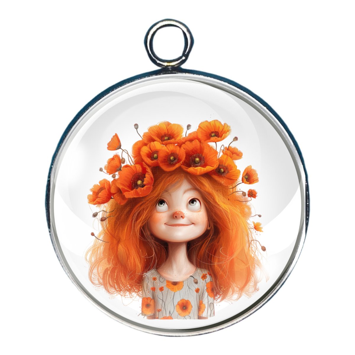 Charm of a small child with orange hair and orange flowers in her hair