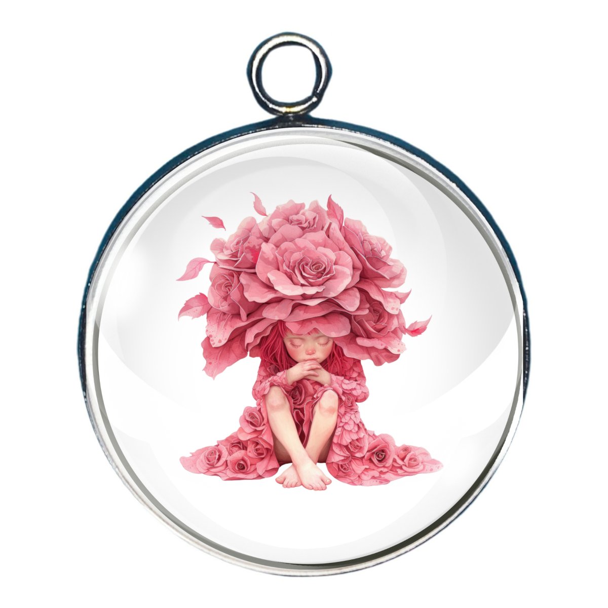 charm of a small child with pink roses on her head and dressed in pink roses