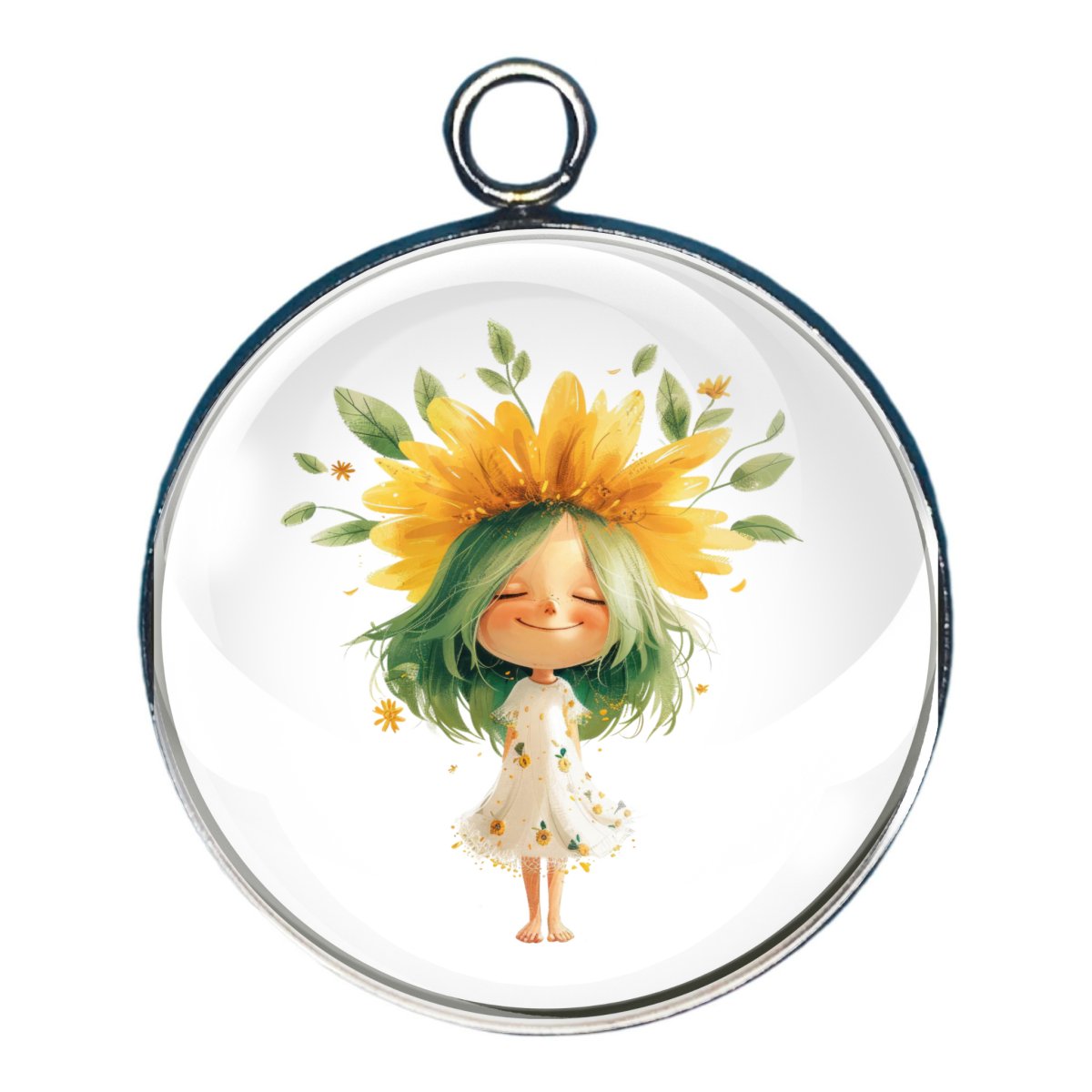 Charm of a small child with green hair and yellow petals on her head