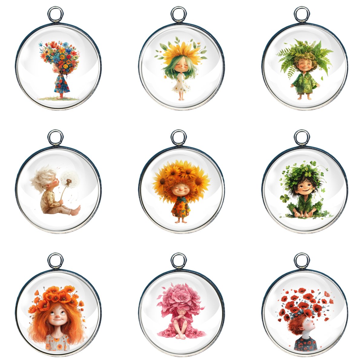 Group of 9 Charms depicting children with flowers or leaves on their head