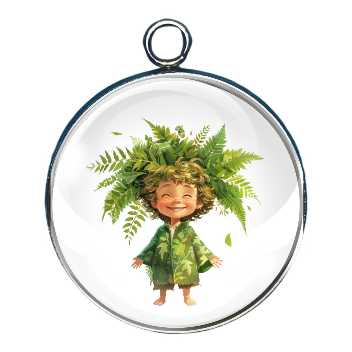 Charm of a small child with fern leafs on his head