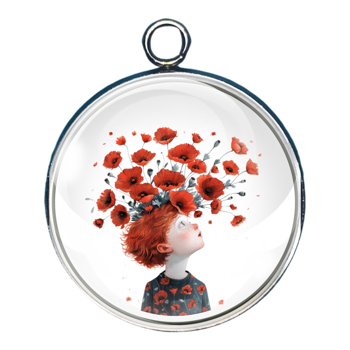 charm of a small child with red hair and poppies in his hair