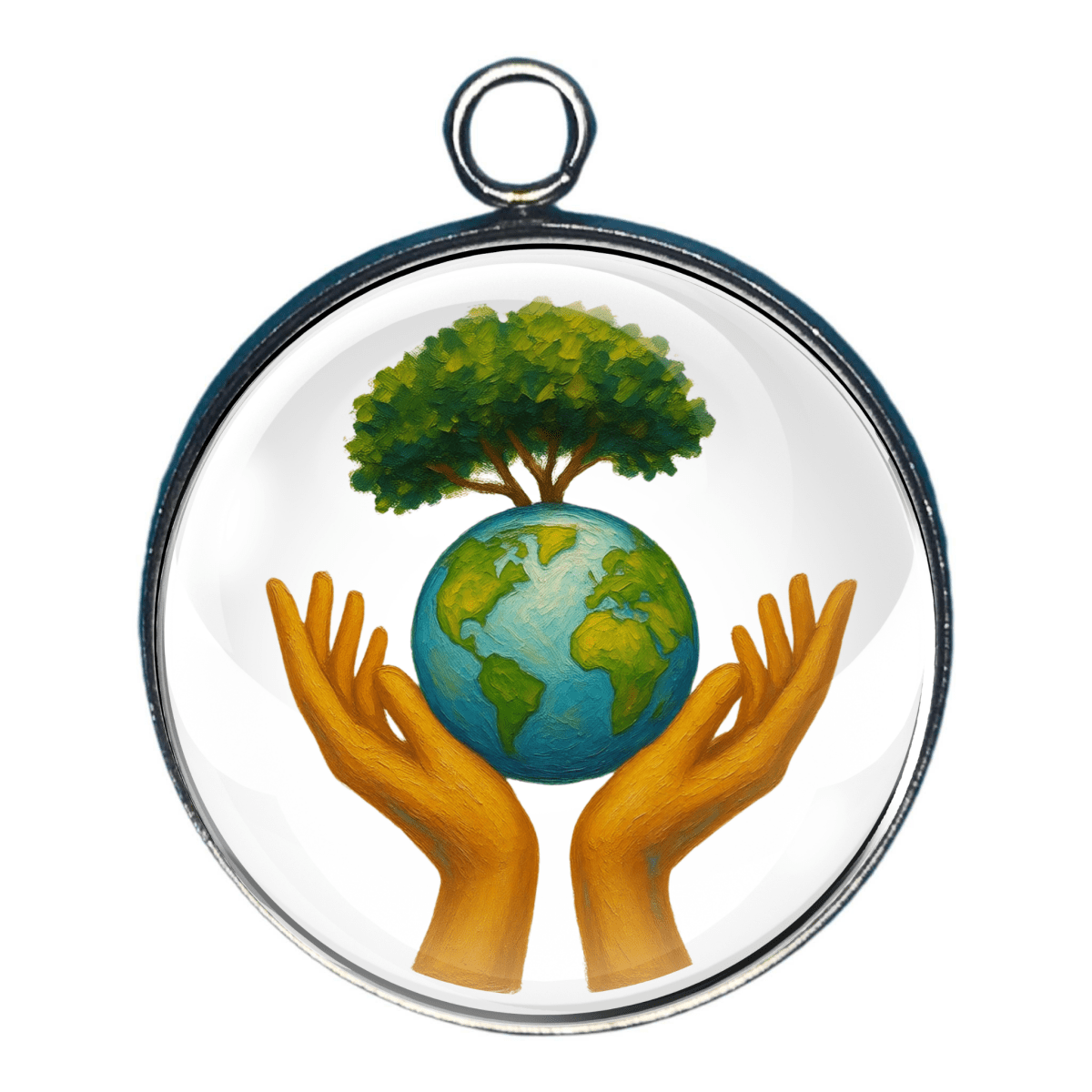 Golden hands holding earth tree environmental charm
