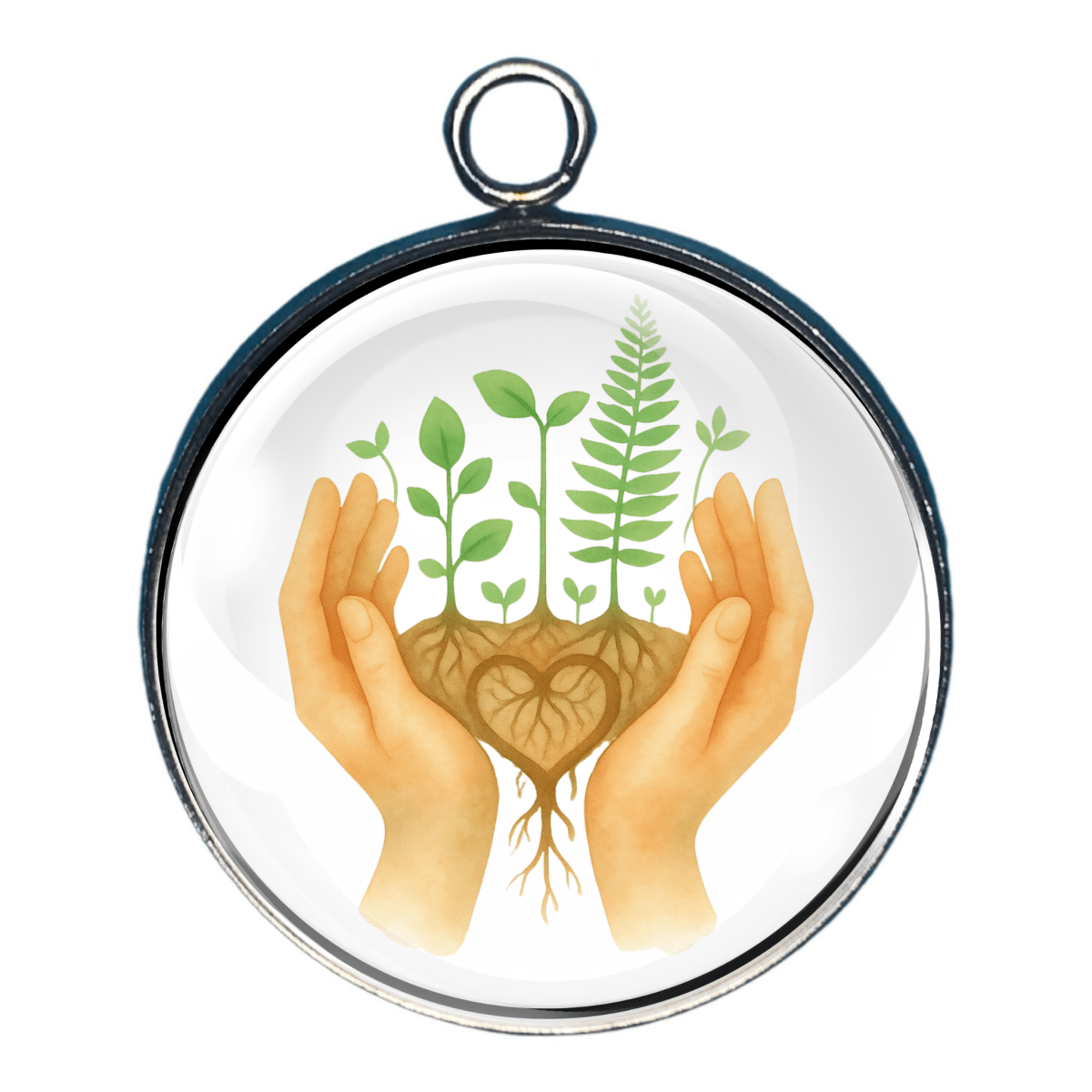 Hands holding seedlings earth day charm nature jewelry pendant