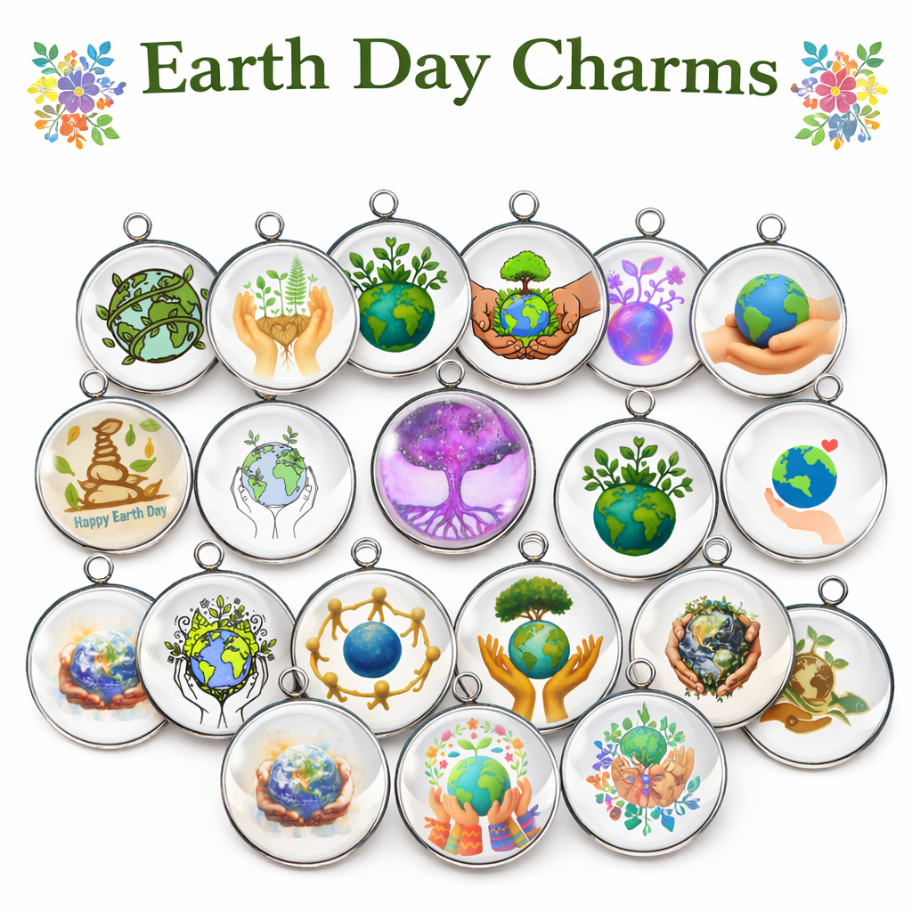 Earth Day jewelry making charms set with globe, tree, and nature designs glass dome pendant styles