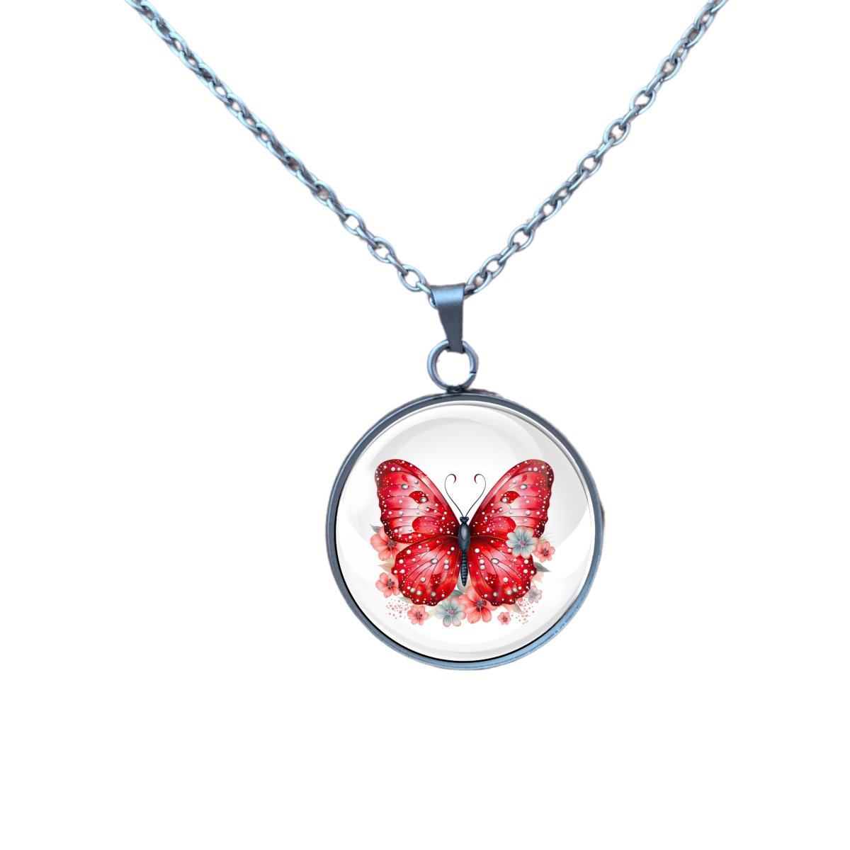 Necklace of a red butterfly nestled in pink and white flowers