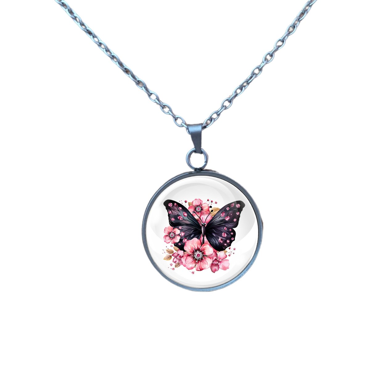 Necklace with a charm of a black butterfly with pink dots on the wings nestled in pink flowers.