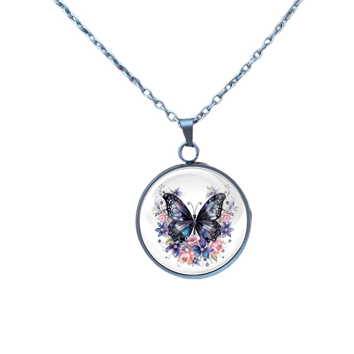 necklace features a black butterfly surrounded by pink and blue flowers.