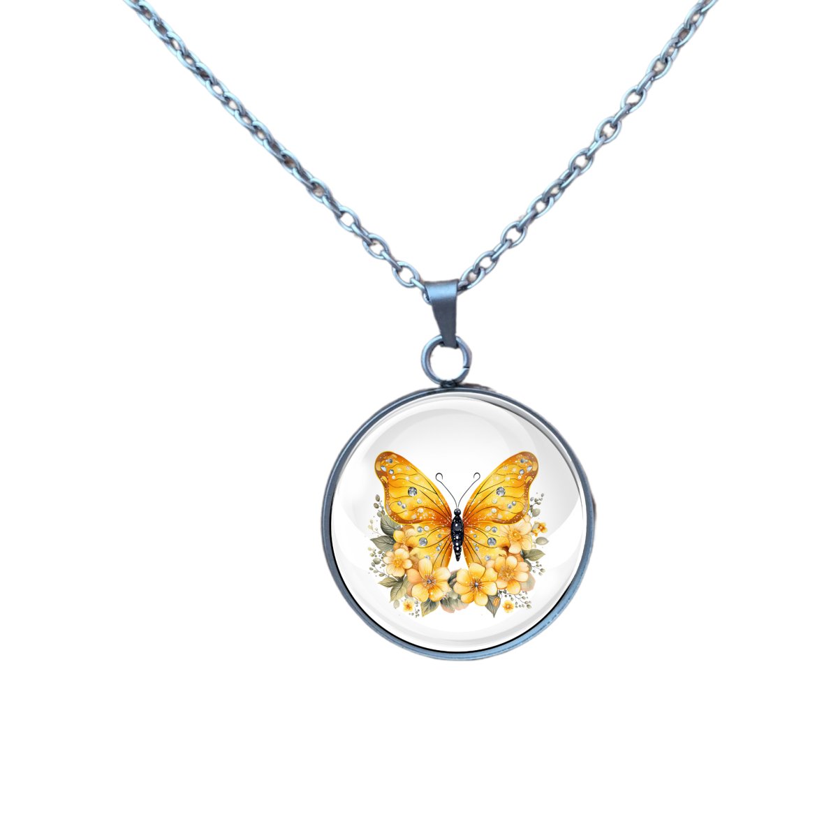 Necklace with a charm of a yellow butterfly nestled in yellow flowers.