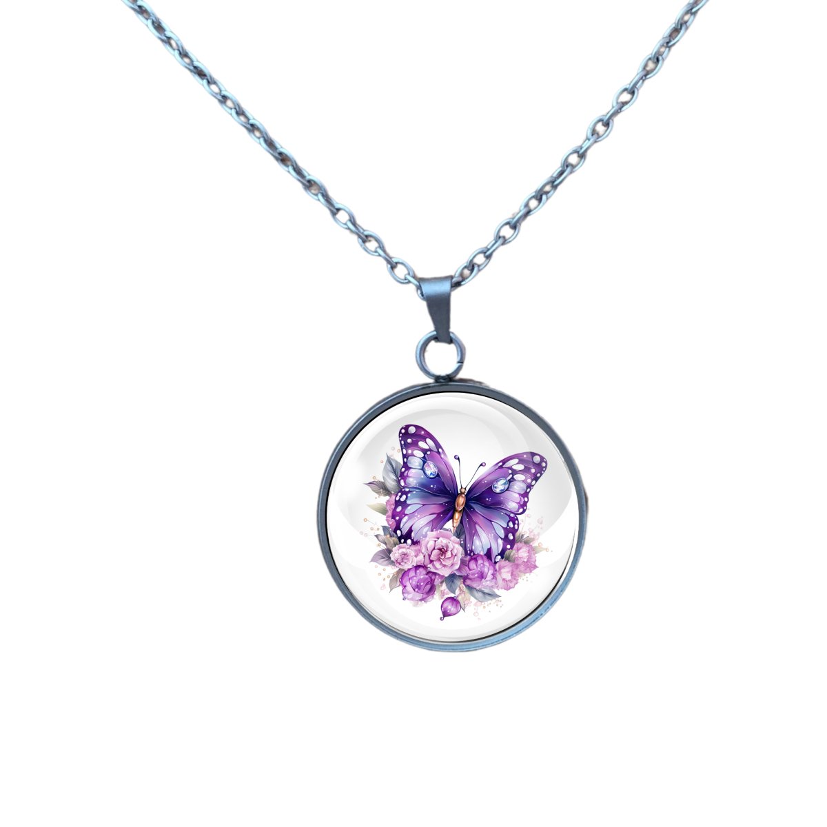 Necklace featuring a purple butterfly with pink and purple flowers.