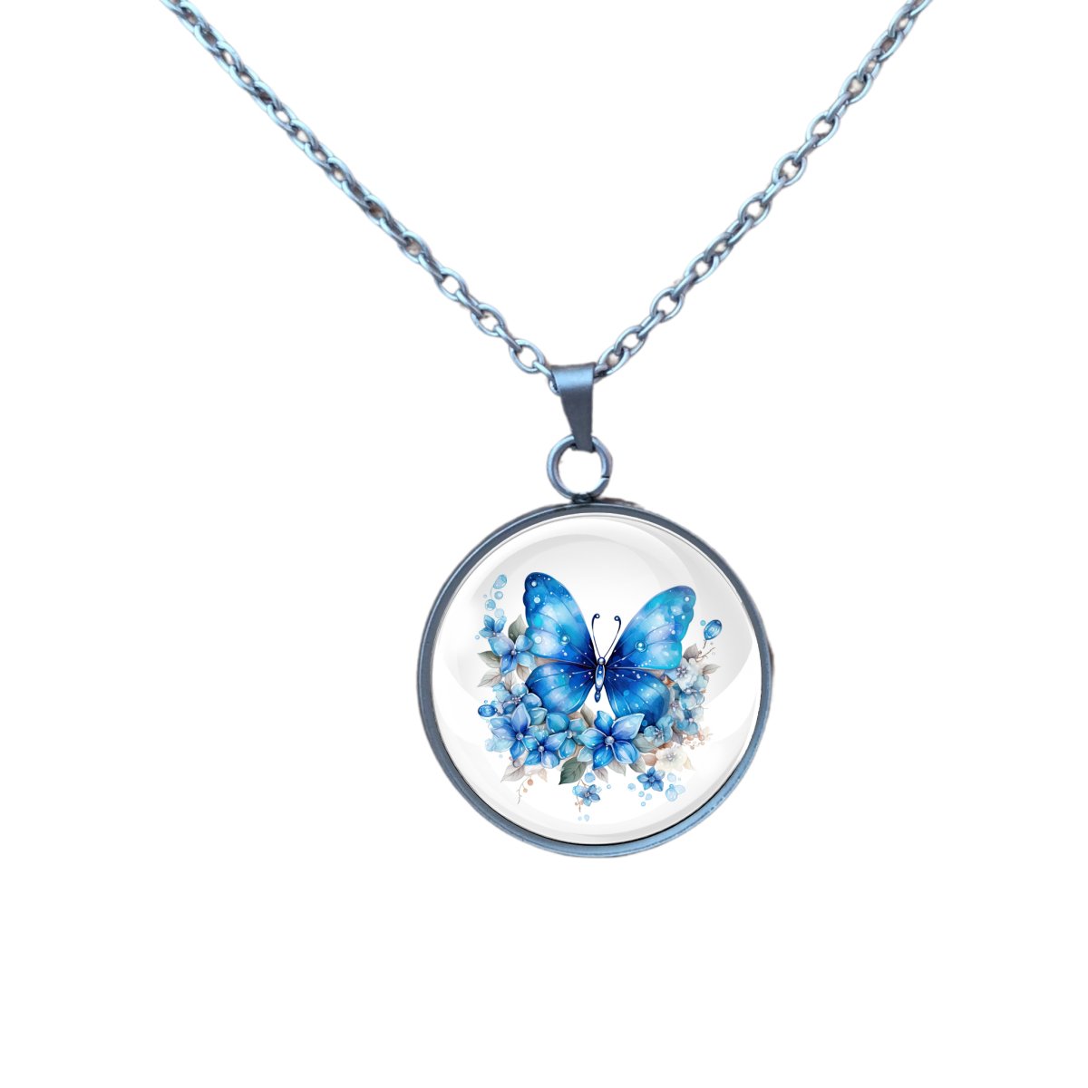 necklace featuring a blue butterfly  with blue flowers.