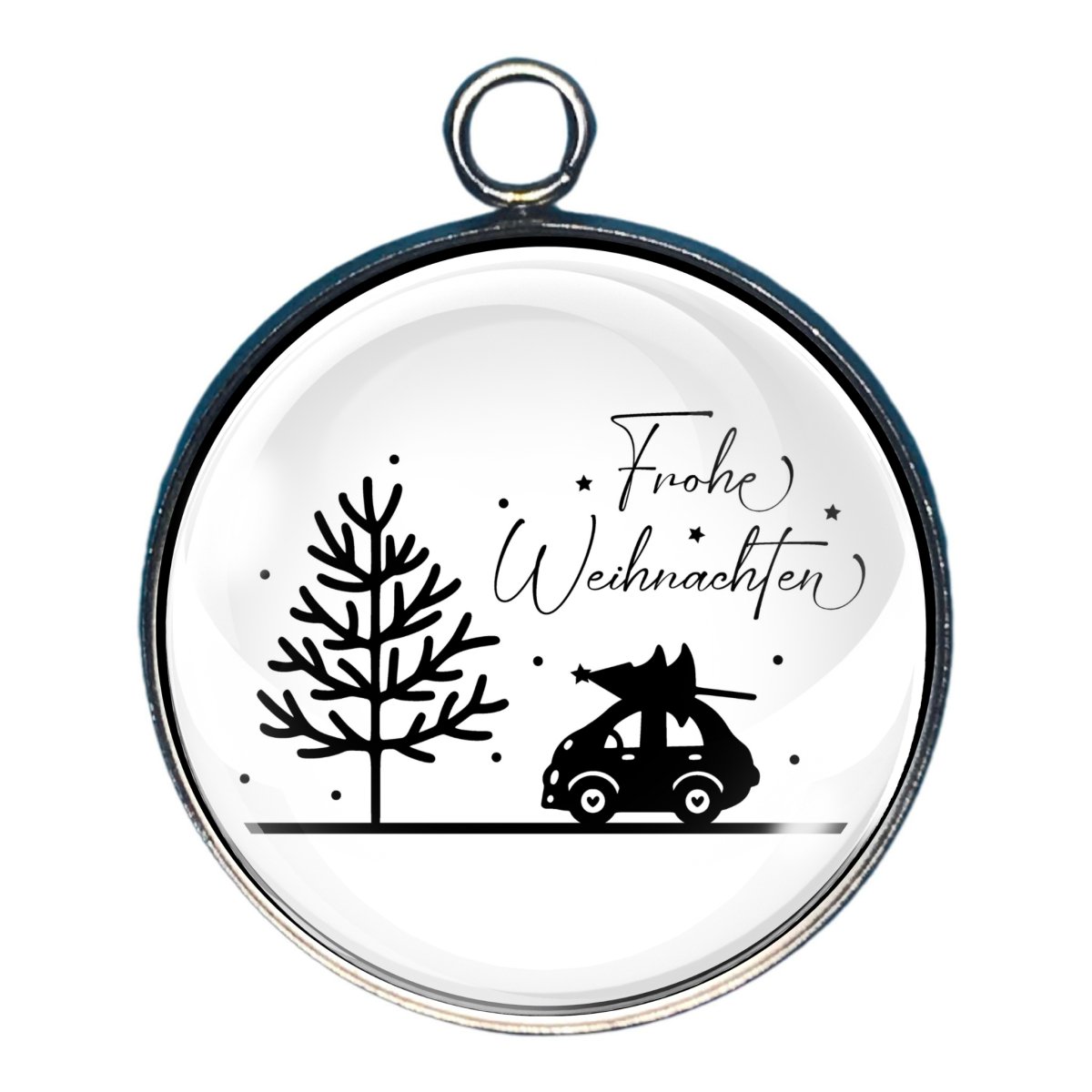 Charm of a tree and a car with a tree and the german words for Merry Christmas