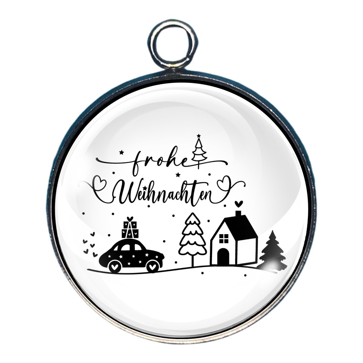 Charm of a car with presents and house with the german words for Merry Christmas