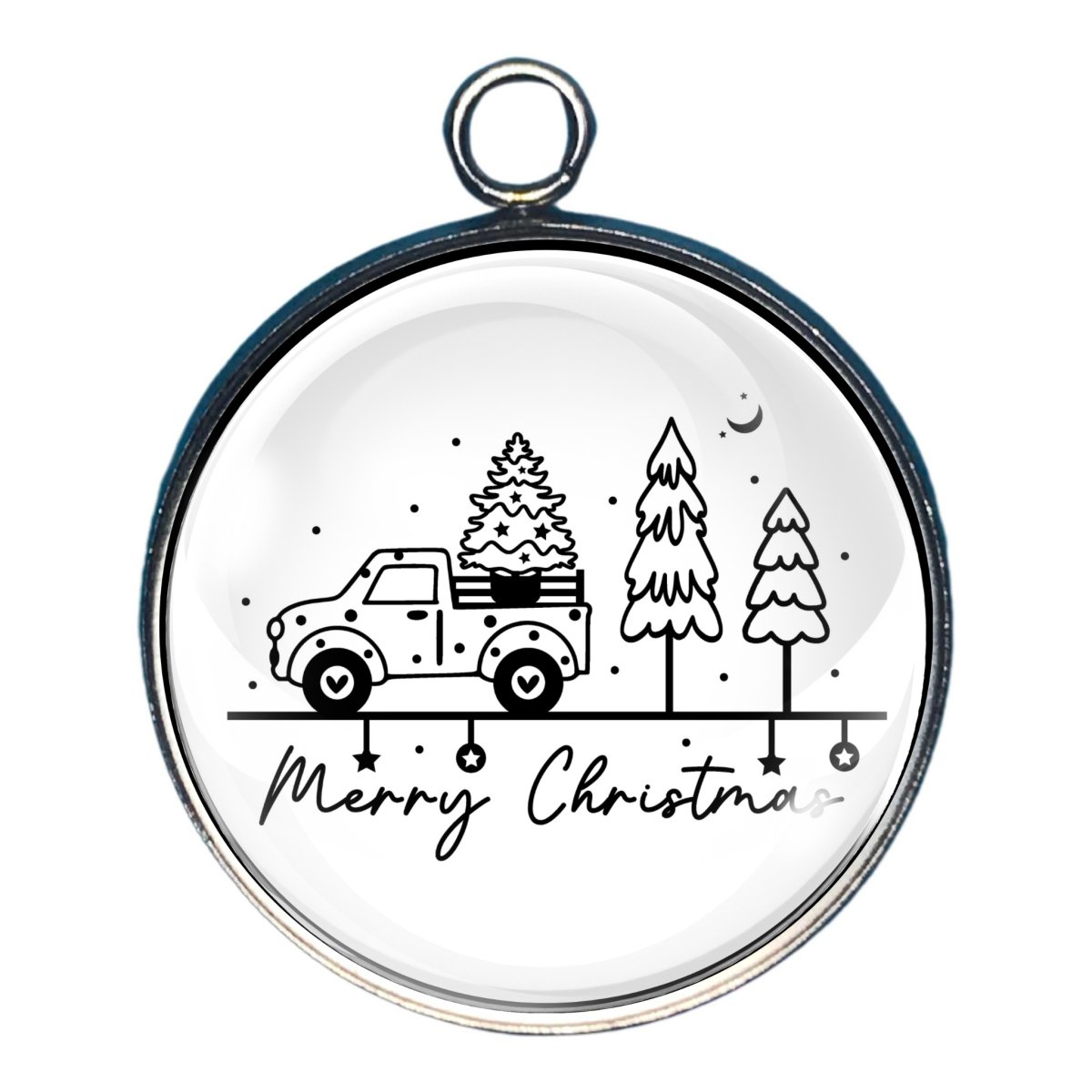 Charm of a truck with a christmas tree and the words Merry Christmas