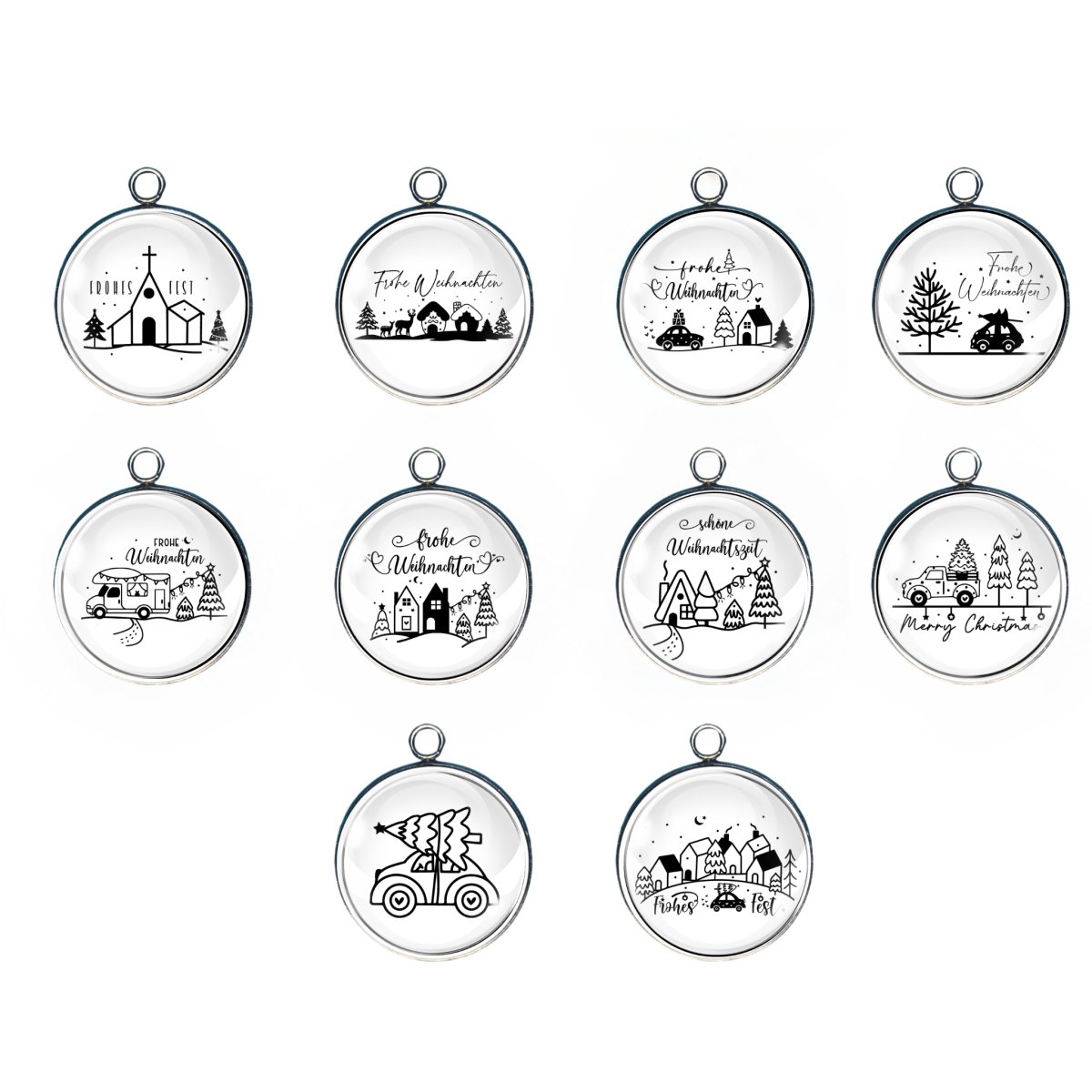 Group of 10 charms featuring German christmas 'merry christmas' greetings