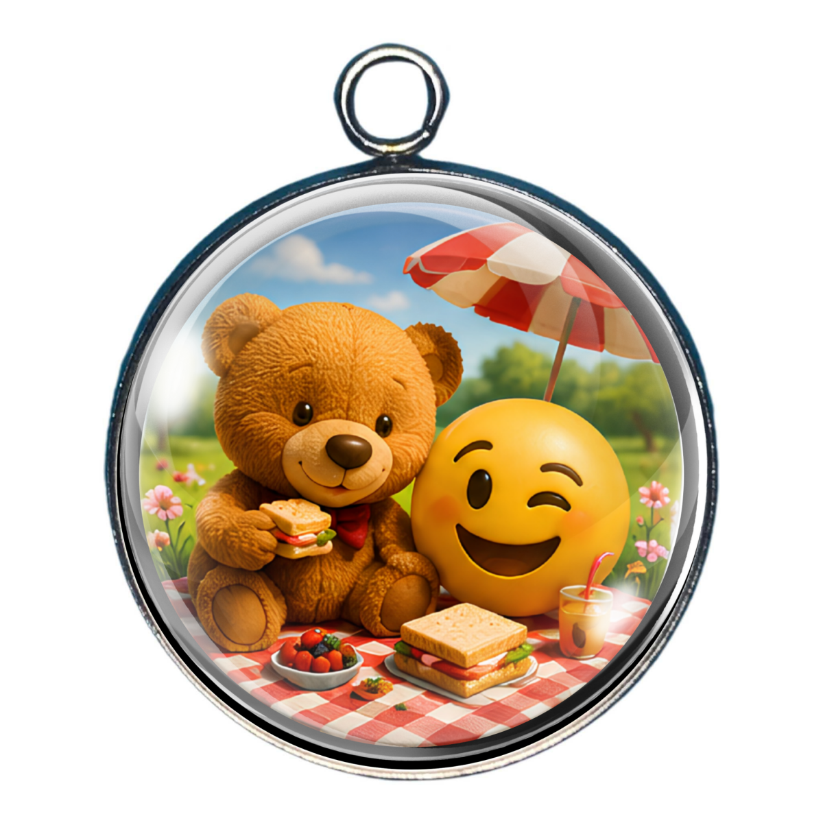 Teddy bear sharing picnic sandwiches with a winking emoji beneath a colorful umbrella.