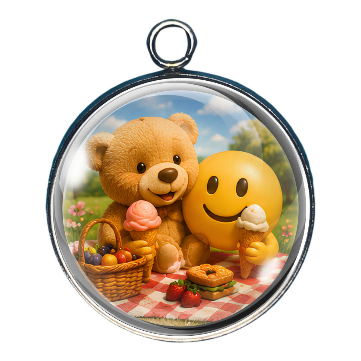 Teddy bear enjoying ice cream beside a smiling emoji at a summer picnic.
