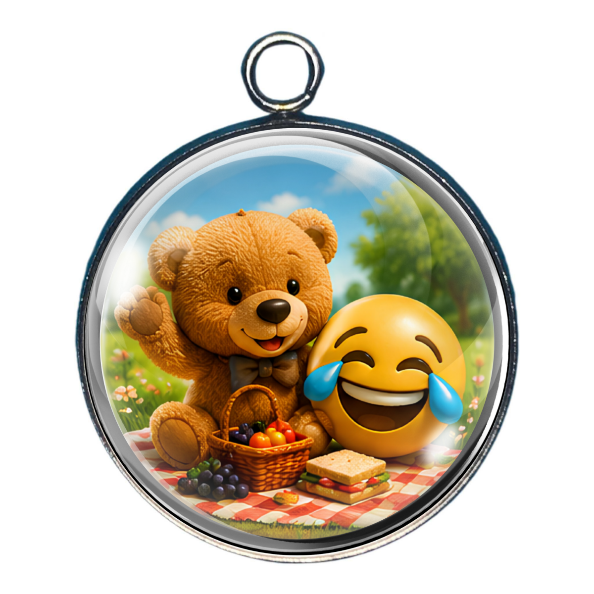 Happy teddy bear waving beside a laughing tears emoji during a picnic.