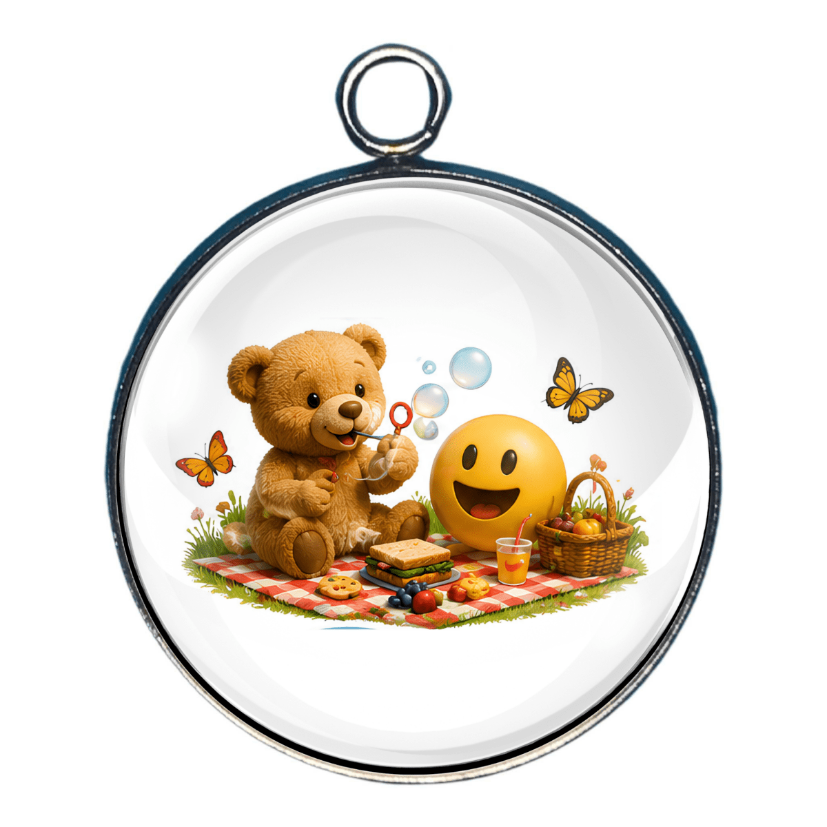 Teddy bear blowing bubbles while picnicking with a cheerful smiley emoji and butterflies.