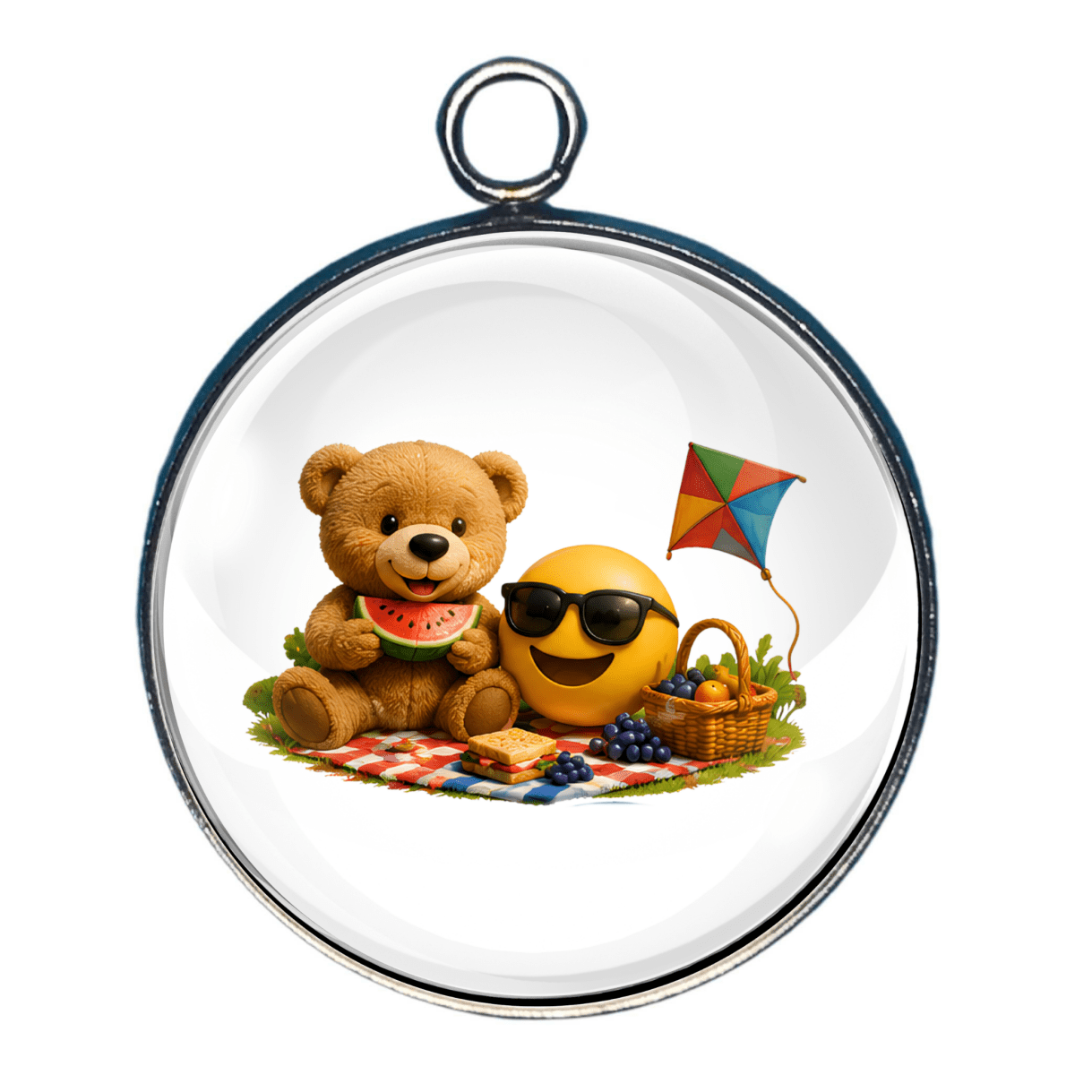 Teddy bear enjoying a picnic with a sunglasses emoji, kite, and summer treats.