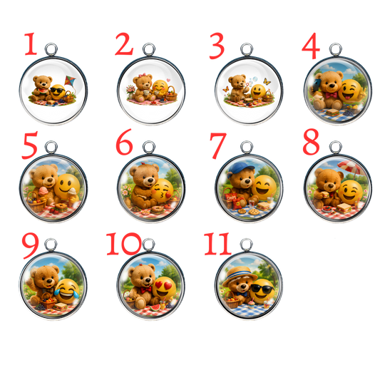 11 Teddy Bear Emoji Picnic glass cabochon charms featuring adorable teddy bears enjoying picnics with happy emoji friends in colorful outdoor scenes.