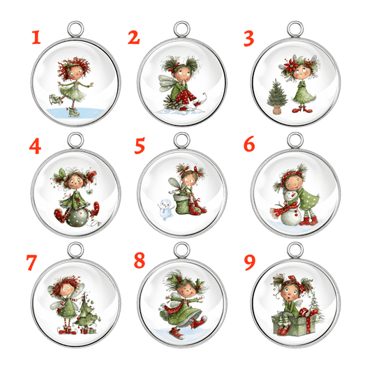 “Group of 9 whimsical Christmas fairy charms in red and green festive outfits.”