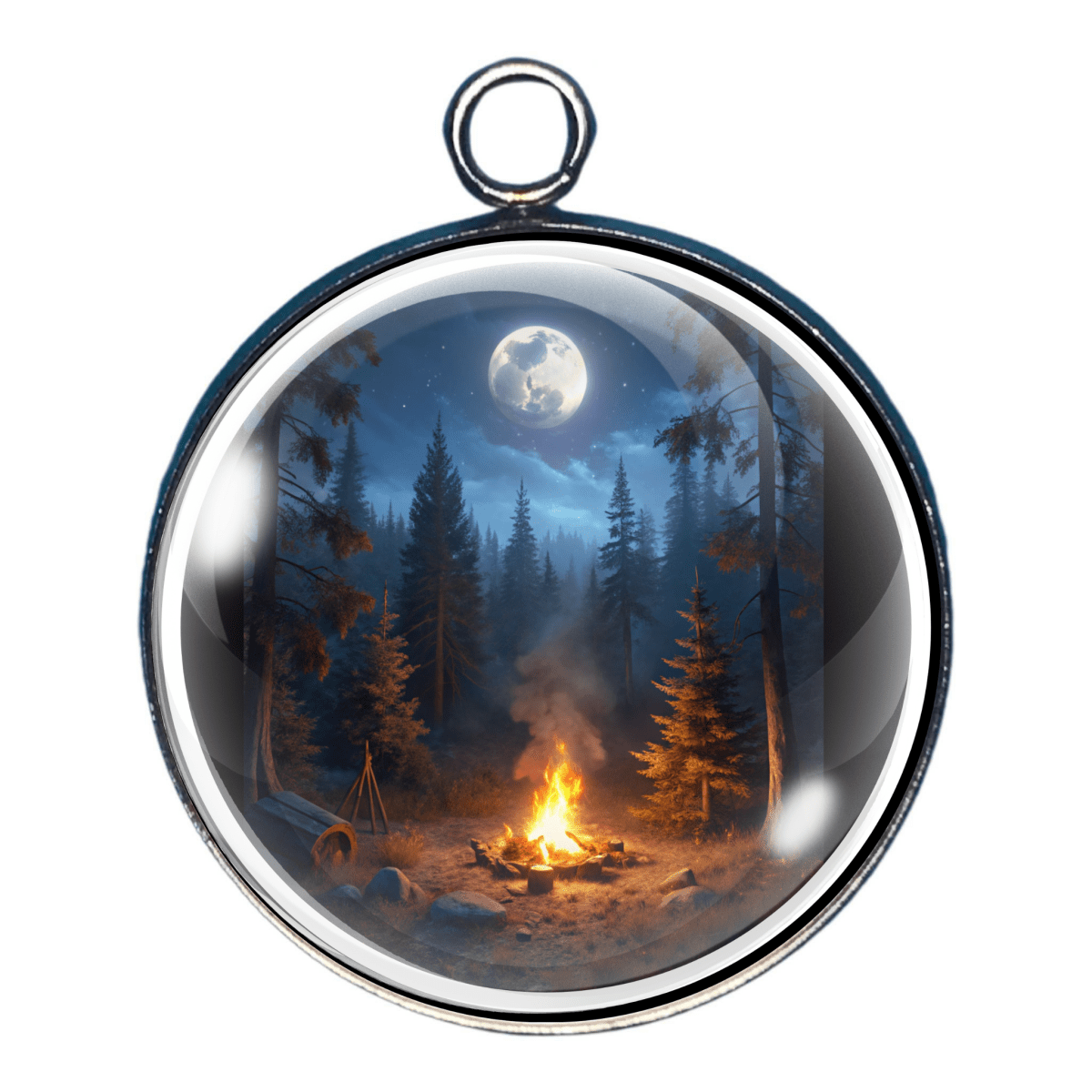 Campfire in moonlit forest clearing charm