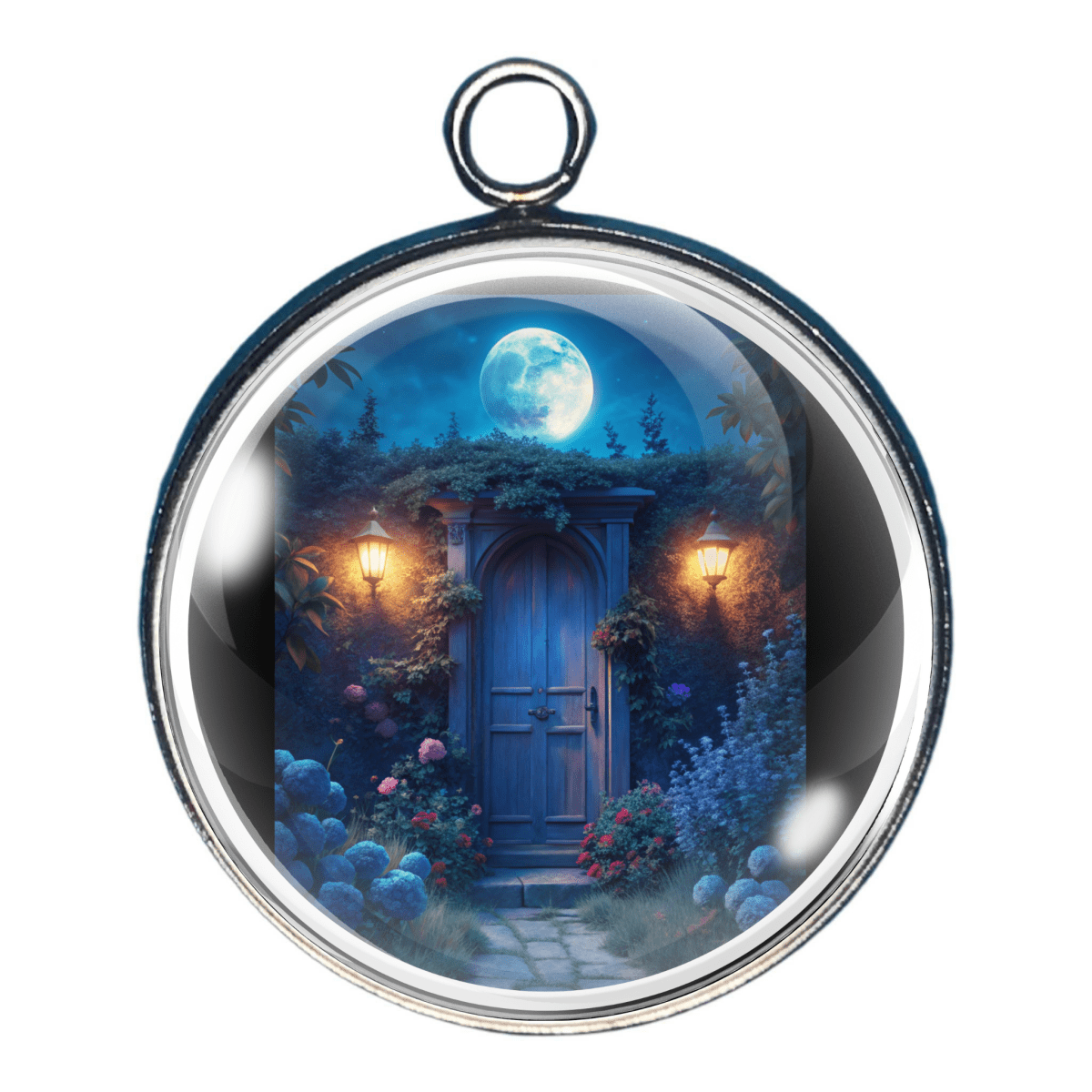 Moonlit garden door charm with glowing flowers